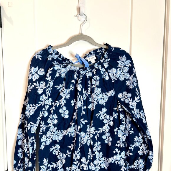 J. Crew Blue Floral Tie Back Ruffle Neck Preppy Old Money Cotton Top Size Medium - Picture 5 of 8